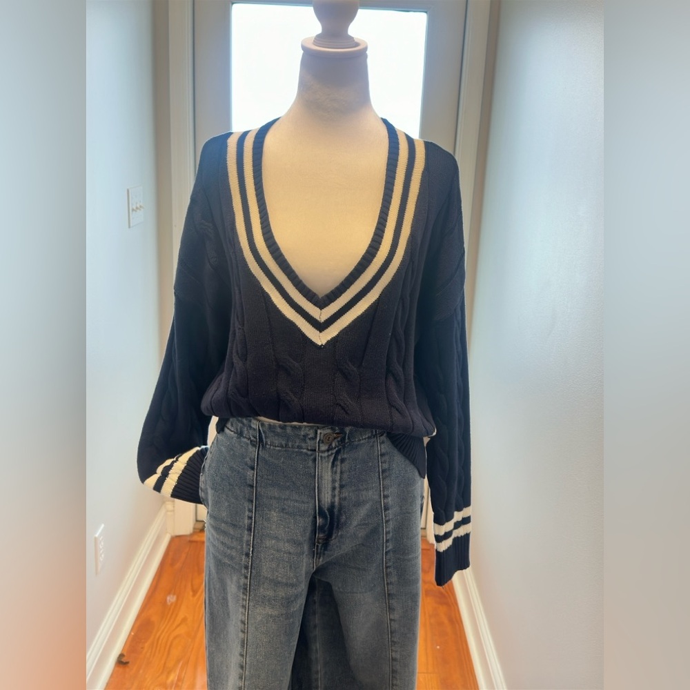 NWT Jessica Simpson Navy Blue & White Long Sleeve Cable Knit Cotton Sweater LG